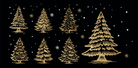 Christmas  gold tree set on black. Hand drawn illustration.	
