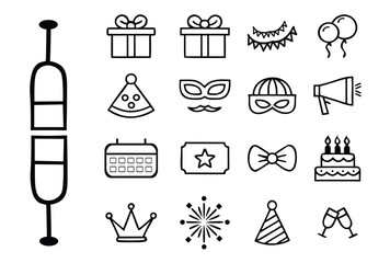 Hand drawn party and celebration icon set in black and white outline