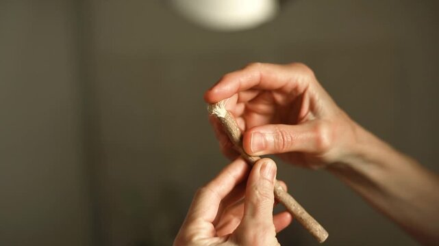 Older woman's hands meticulously handle and display a Miswak stick (Salvadora persica), a natural teeth cleaning twig, emphasizing sustainable consumption and zero-waste oral hygiene practices.