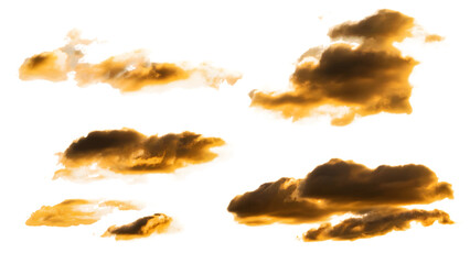 Dramatic collection of golden clouds, conveying a sense of majesty and wonder. Isolated on transparent background, png