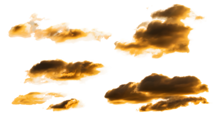 Dramatic collection of golden clouds, conveying a sense of majesty and wonder. Isolated on transparent background, png