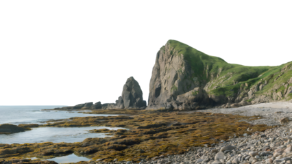Coastal landscape with towering rock formations and rocky shore. Isolated on transparent background, png