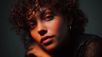 Stunning portrait of a young woman with curly hair and radiant skin, bathed in warm, inviting light, perfect for beauty campaigns or showcasing diverse, authentic portraits