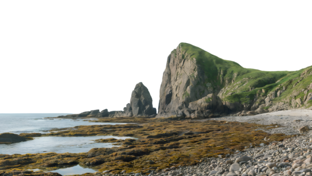 Coastal landscape with towering rock formations and rocky shore. Isolated on transparent background, png