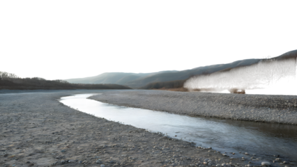 serene river meandering through a valley amidst mountains . Isolated on transparent background, png