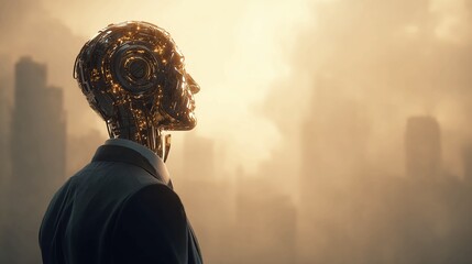 Futuristic AI executive gazing at the horizon, envisioning the future of technology and innovation in a stylized cityscape, representing leadership, progress, and cutting-edge development