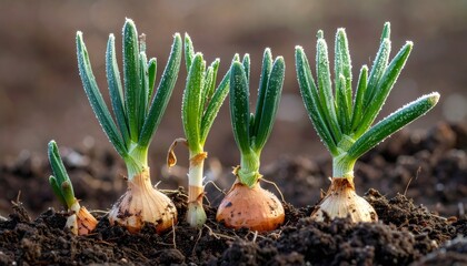 Onion sprouts growing in garden soil with frost forming
