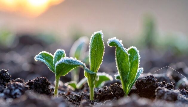 Green seedlings covered in frost at sunrise