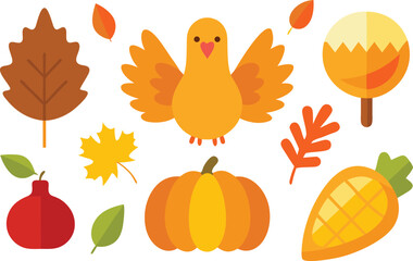 Thanksgiving day vector icons collection turkey pumpkin autumn leaves festive holiday design