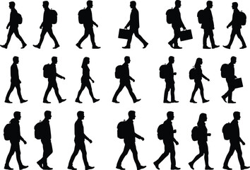 Obraz premium Silhouettes of people walking, urban commuters, business lifestyle, casual fashion, backpacks, briefcases, handbags, diverse postures, city pedestrians, professional design illustration