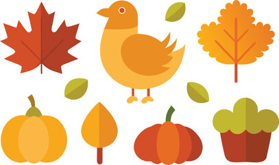 Thanksgiving day icons collection festive turkey pumpkin maple leaf autumn vector art