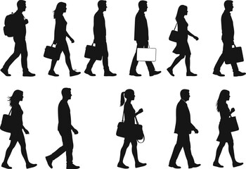 Silhouettes of people walking, urban commuters, business lifestyle, casual fashion, backpacks, handbags, briefcases, diverse postures, city pedestrians, professional design illustration