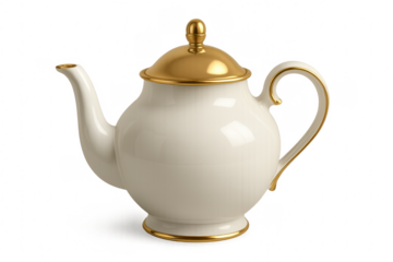 Elegant porcelain gold detail teapot on transparent background