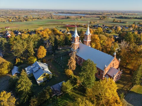 aerial view of a village church
