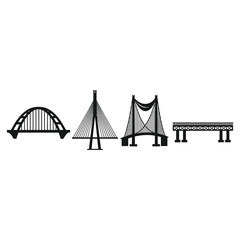 Collection of four distinct bridge silhouettes arch cable-stayed suspension and beam bridges architectural designs vector