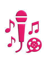 Vibrant pink microphone, musical notes and film reel icons for creative media