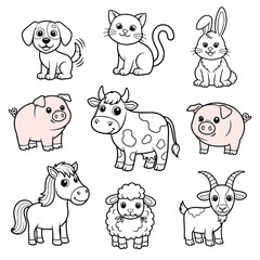 Obraz premium Vector art of collection of cute cartoon farm animals including a dog, cat, rabbit, pig, cow, horse, sheep, and goat