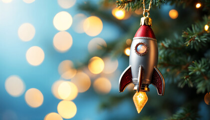 A rocket ornament hanging from a christmas tree, with a soft bokeh background