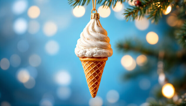 An ice cream shaped ornament hanging from a christmas tree, with a soft bokeh background