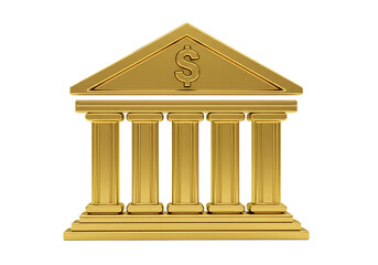 Golden bank building with dollar sign isolated on transparent background
