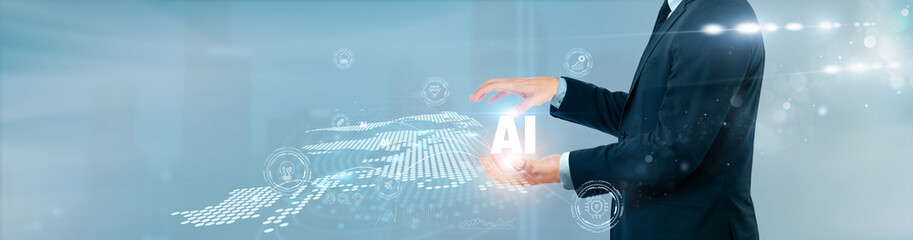 Businessman hand hold artificial intelligence on global networking. Machine learning, automation...