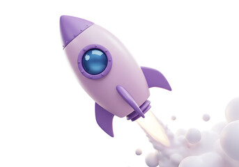 Purple and pink cartoon rocket ship launching isolated on transparent background