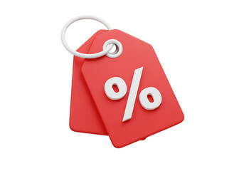 Two red price tags with percentage sign isolated on transparent background
