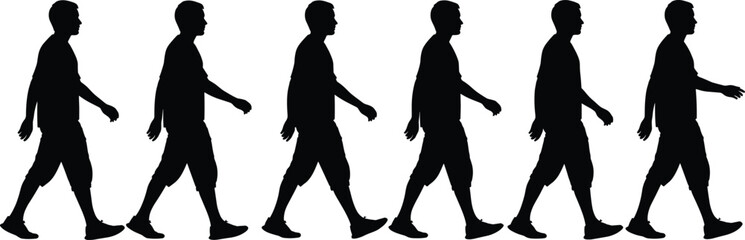 Walking cycle silhouettes, human gait, biomechanics study, motion sequence, animation reference, sports science, physical therapy, exercise concept, posture design, lifestyle illustration