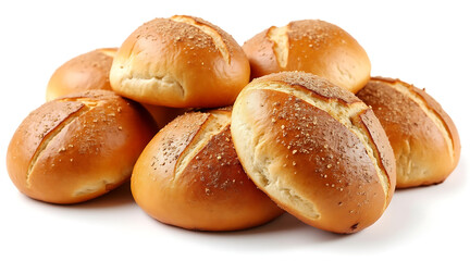 Soft round bread roll with crispy crust and wheat texture, fresh baked golden brown buns stacked together on white background