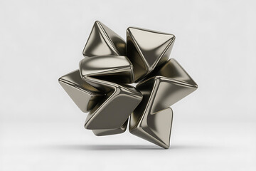 Interlocking metallic forms create a complex, abstract sculpture, showcasing geometric shapes and polished surfaces.
