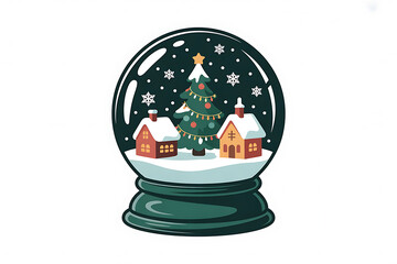 Snow globe displays a festive winter village scene with a decorated Christmas tree.