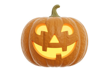 Festive carved pumpkin with a cheerful face, glowing warmly, representing Halloween celebration.