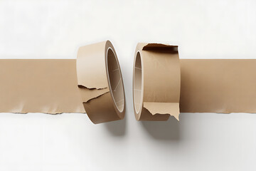 Brown packing tape rolls, one broken, stretching across a white surface, suggesting separation and fragility.