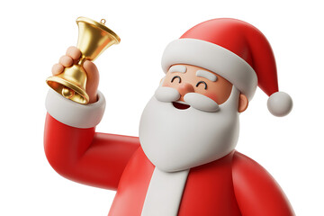 Festive character in red suit holds a golden bell, radiating holiday cheer and joy.