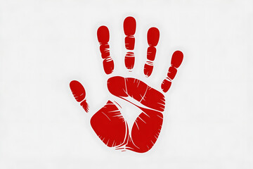 Bold red handprint against a white background, representing a mark, impression, or a symbolic gesture.