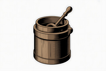 Wooden mortar and pestle sit within a rustic barrel, suggesting grinding and preparation.