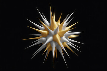 Abstract, spiky form in silver and gold, radiating outward with sharp, dynamic energy.