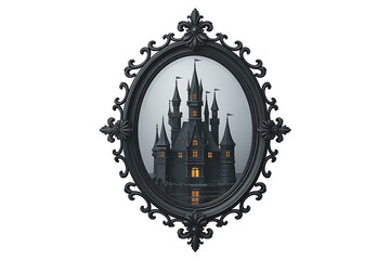 Ornate frame displays a dark castle silhouette against a moody, twilight sky.