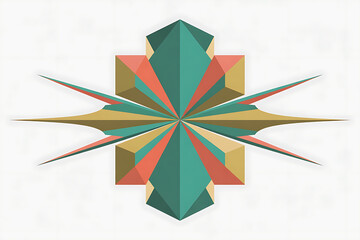 Geometric design featuring intersecting shapes and vibrant colors, creating a symmetrical, stylized starburst pattern.
