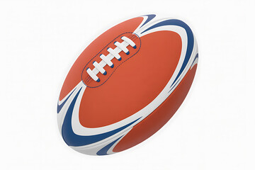 An orange and white rugby ball with white stitching, poised for action and sport.