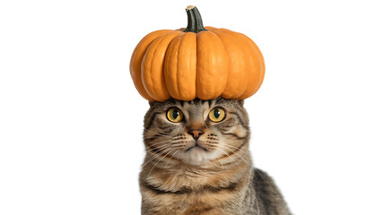 A tabby cat playfully wears a smaller pumpkin as a whimsical hat, autumn spirit.