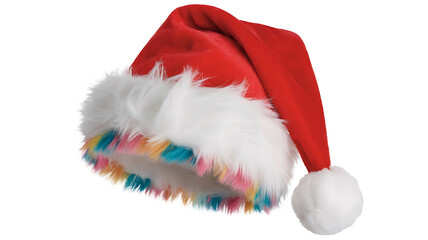 Festive red hat with fluffy white trim and colorful, vibrant interior detailing.