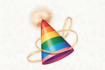 Colorful party hat with rainbow stripes and a fluffy pom-pom, celebrating joy and festive occasions.
