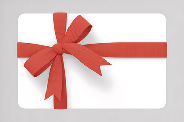 A white gift card adorned with a vibrant red ribbon, symbolizing celebration and generosity.