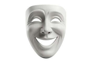 A white theatrical mask with a wide smile isolated on transparent background