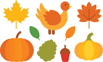 Thanksgiving day vector icons collection turkey pumpkin autumn leaves festive celebration graphic elements
