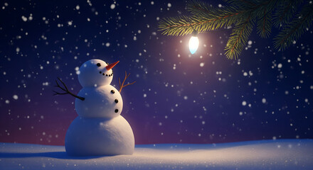 Snowman Under Christmas Lights in Snowy Night