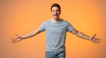 Happy man with open arms wearing striped shirt stock photo image