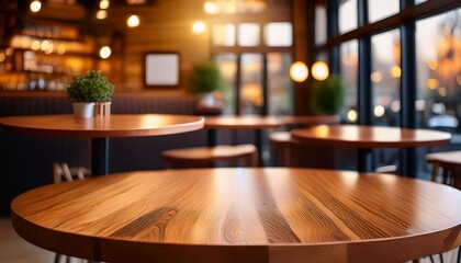 a close up of a round wooden table inside a cozy cafe with warm ambient lighting ideal for food photography coffee culture or interior design projects