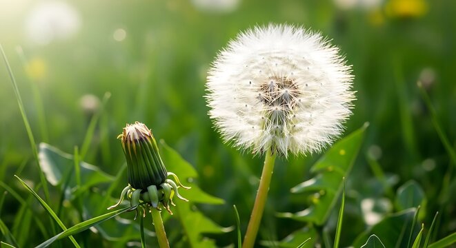 Dandelion seed head with meadow, and sunlit. - Powered by Adobe